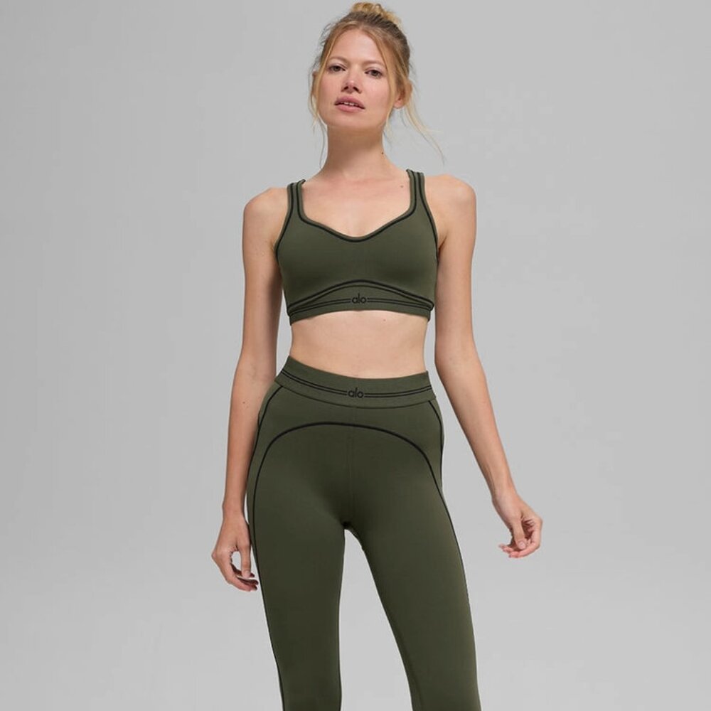 Alo Airbrush Heart Throb Bra NWT Green Olive/Black